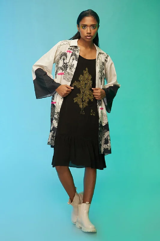 Black Embellished Dress & Printed Jacket Set Denim Jacket Leather Jacket Suede Jacket
