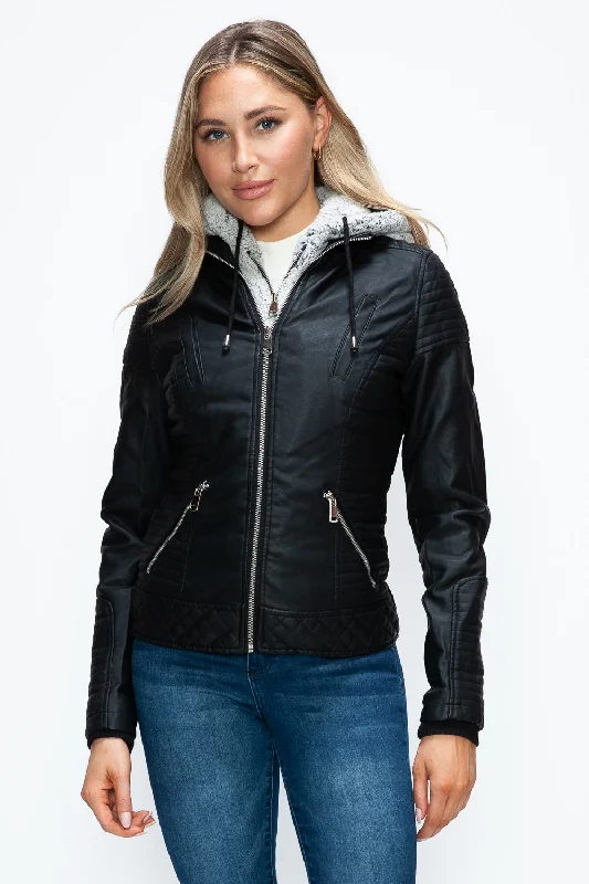 Hazel Blues® |  YMI Faux Layered Double-Zipper Jacket with Fuzzy Hood V-Neck Jacket Boat Neck Jacket Square Neck Jacket
