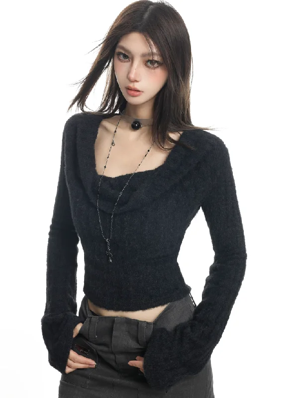 Asymmetric Fuzzy Cropped Sweater Mesh Sweater Canvas Denim