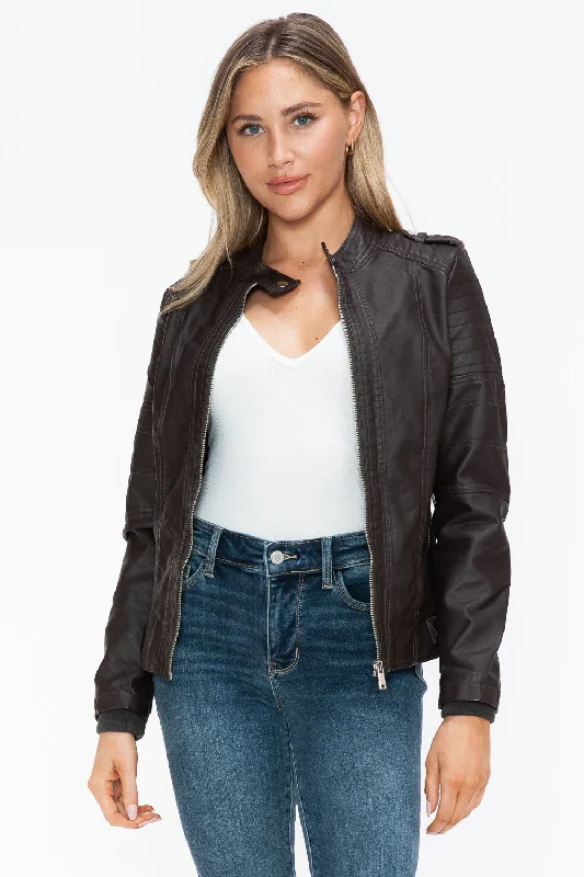 Hazel Blues® |  Snobbish PU Leather Biker Jacket with Side Zip Pockets Wool Fabric Cashmere Fabric Tweed Fabric