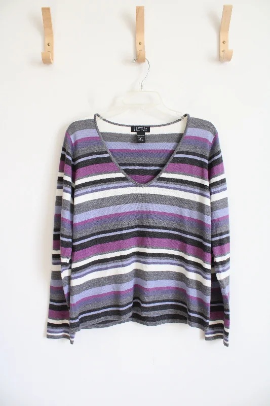 New York & Co. Gray Purple & White Striped V-Neck Sweater | L Stylish Fashionable Trendy