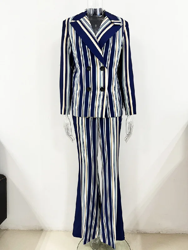 Blue Navy Stripped Suit Loose Blazer + Fitted  Flare Trousers Pants Suit Trousers Brand Named