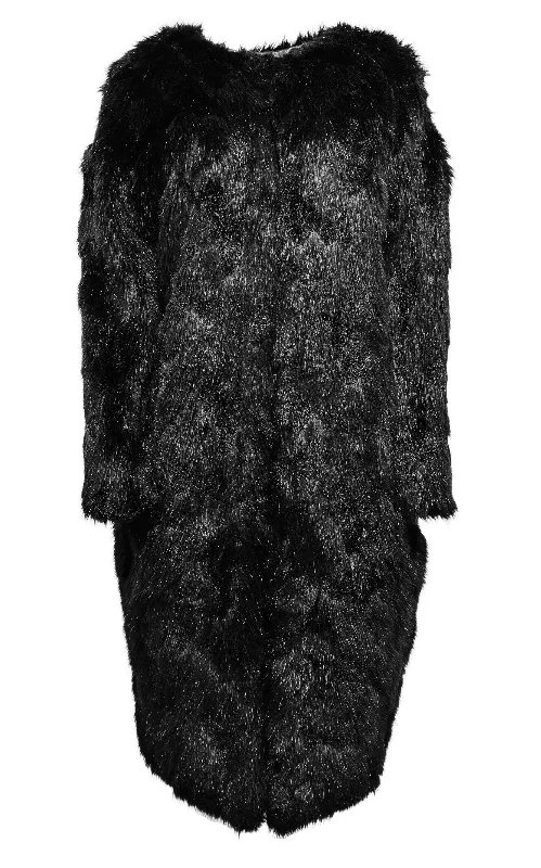 Black Oversized Faux Fur Coat Chenille Brocade Lace