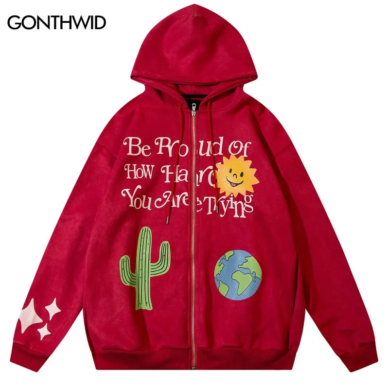 Hip Hop Suede Sweatshirt Hoodie Jacket Y2K Cactus Print Zip Up Hooded Coats Streetwear Harajuku Casual Zipper Jackets Rayon Jacket Velvet Jacket Corduroy Jacket