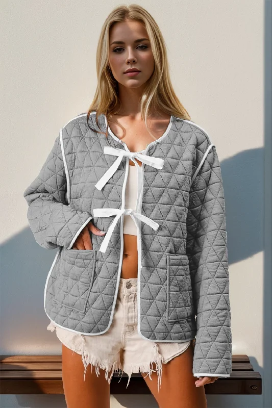 Hazel Blues® |  Double Take Contrast Trim Tie Front Quilted Jacket with Pockets Denim Jacket Leather Jacket Suede Jacket