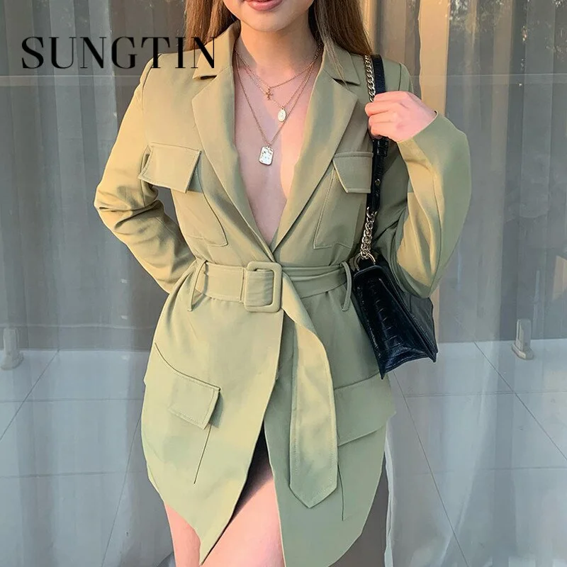 Sungtin 2022 Blazers Jacket Sash Spring Autumn Long  Sleeve Oversized Blazers Office Lady Chic Pocket Casual Clothings Women's Vintage Suit