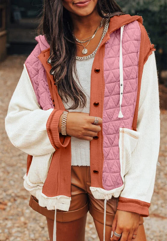 Hazel Blues® |  Drawstring Texture Button Up Long Sleeve Hooded Jacket One-Shoulder Jacket Off-the-Shoulder Jacket Asymmetrical Jacket