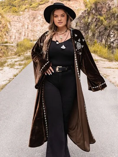 Plus Size Embroidery Open Front Long Sleeve Cardigan Open Front Closed Front Wrap Front