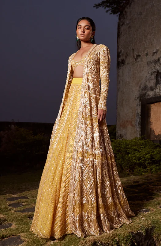 Agata Yellow Lehenga  Set With Long Jacket And Chevron Lehenga Zippered Front Buttoned Front Snap Front