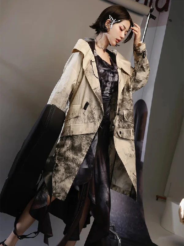 Nichi Leather Water-Color Chic Ink Long-Coat【s0000004016】 Boat Neck Jacket Square Neck Jacket One-Shoulder Jacket