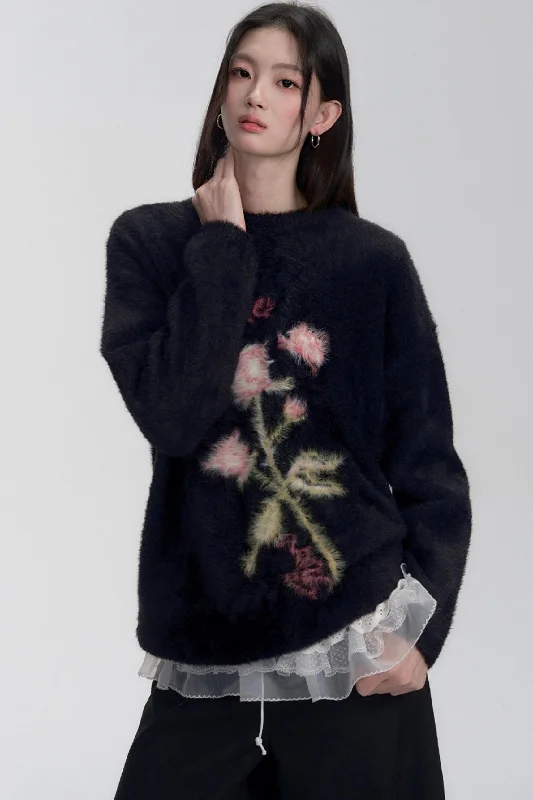 Floral Embroidered Fuzzy Sweater Elegant Classic Vintage