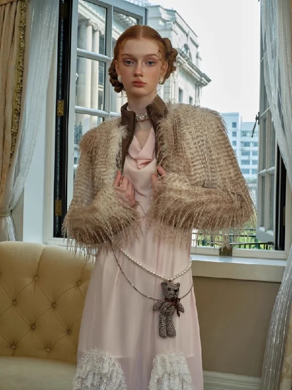 Ribbed Patchwork Short Brown Feather Fur Coat【s0000005417】 empire Basque Peplum