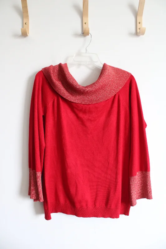 Questions? Red Gold Shimmer Cowl Neck Sweater | L Lace Blend Ribbed Blend Corduroy Blend