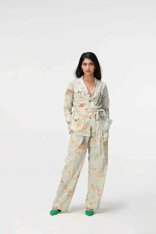 Rainforest Safari Jacket Ice Blue Cotton Silk Check Embroidered Jacket Appliqued Jacket Beaded Jacket