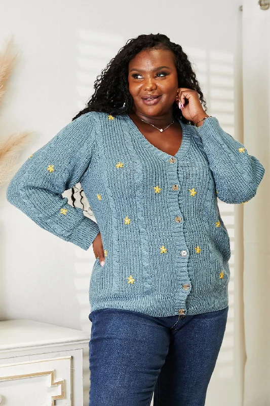 HEYSON Full Size Floral Embroidered Cable Cardigan Real Fur Shearling Chenille