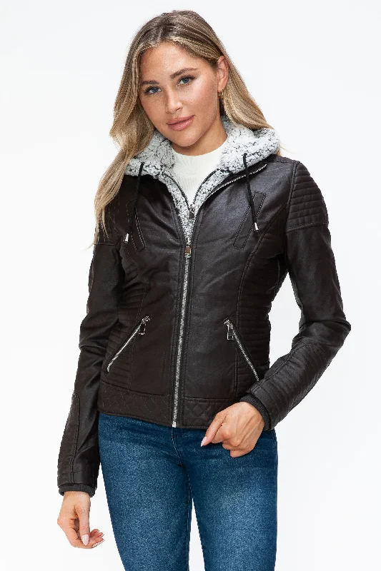Hazel Blues® | YMI Faux Layered Double-Zipper Jacket with Fuzzy Hood Snapped Jacket Toggled Jacket Drawstring Jacket Hazel Blues® | YMI Faux Layered Double-Zipper Jacket with Fuzzy Hood Snapped Jacket Toggled Jacket Drawstring Jacket