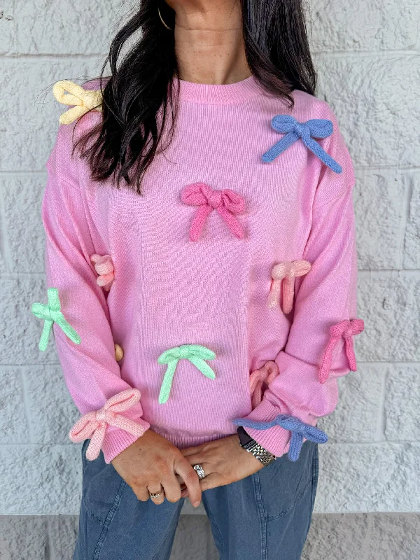 Bow Tied Delight Pink Sweater Denim Fabric Leather Fabric Suede Fabric