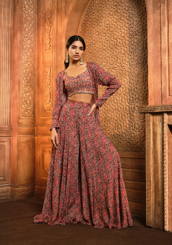 Brown Perian Printed Jacket Sharara Set Knit Fabric Woven Fabric Fleece Fabric