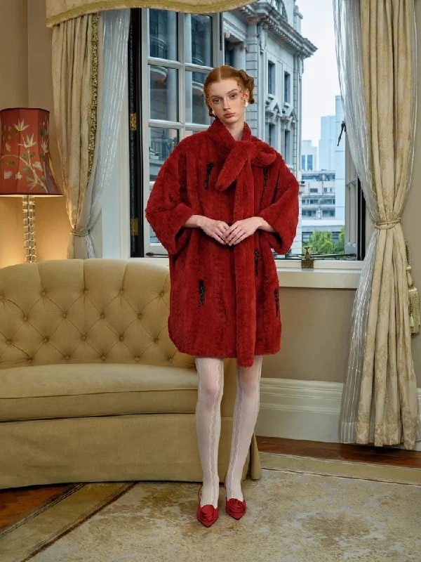 Red Faux Fur Mid-Length Coat【s0000005445】 Asymmetrical Diagonal princess
