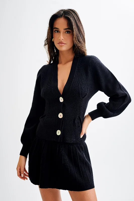 Beverly Knit Cinched Cardigan - Black Jersey Fabric Tulle Fabric Batik Fabric