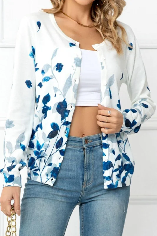 Floral Button Front Round Neck Cardigan Lightweight Heavyweight Midweight