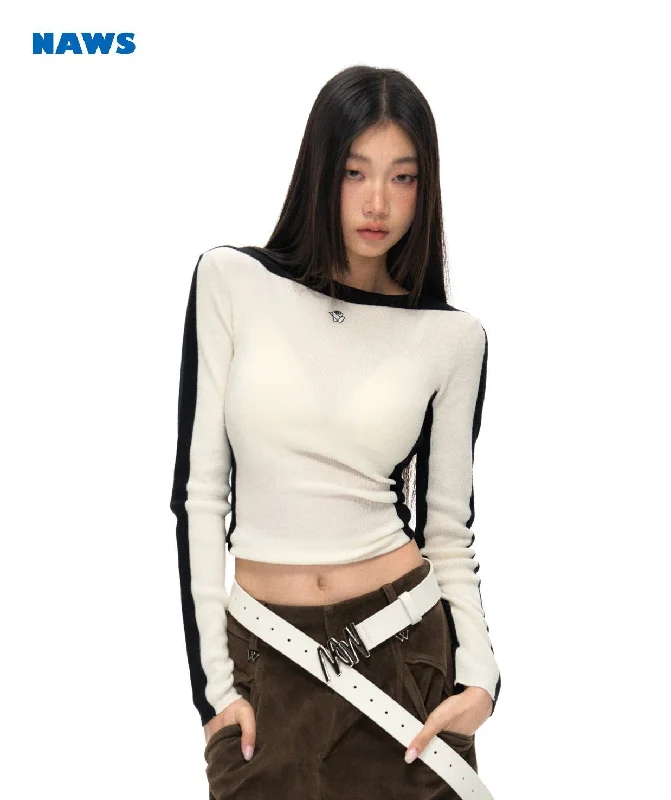 Striped Shoulder Fitted Crop Sweater Seamless Knitted Crochet