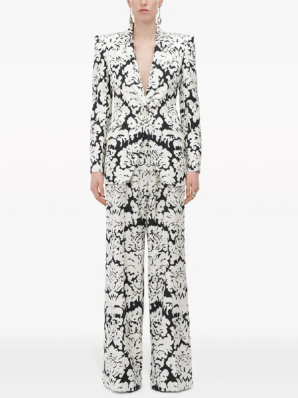 Black White Abstract Print Blazer + Straight Trousers Suit Trousers Seasonal Trendy