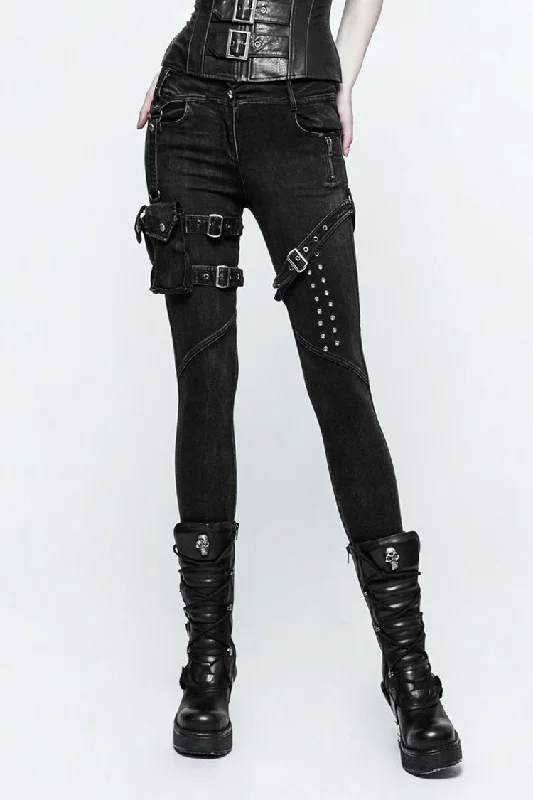 Black Removable Pocket Buttonhole Trim Skinny Stretch Denim Women's Punk Trouser Trousers Prom Sequined