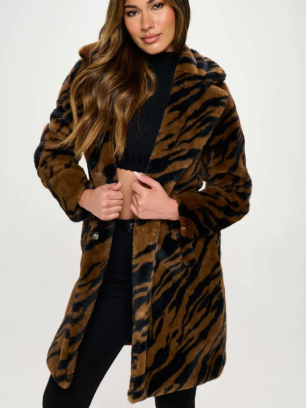Tiger Stripe Faux Fur Coat Bodycon Sheath Shift