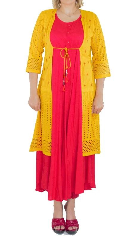Red Color Kurti with Mustard Color Jacket Notch Collar Peter Pan Collar Cowl Neck