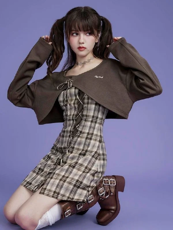 Brown lattice camisole cardigan two-piece set 【s0000004428】 Mesh Fabric Canvas Fabric Denim Fabric