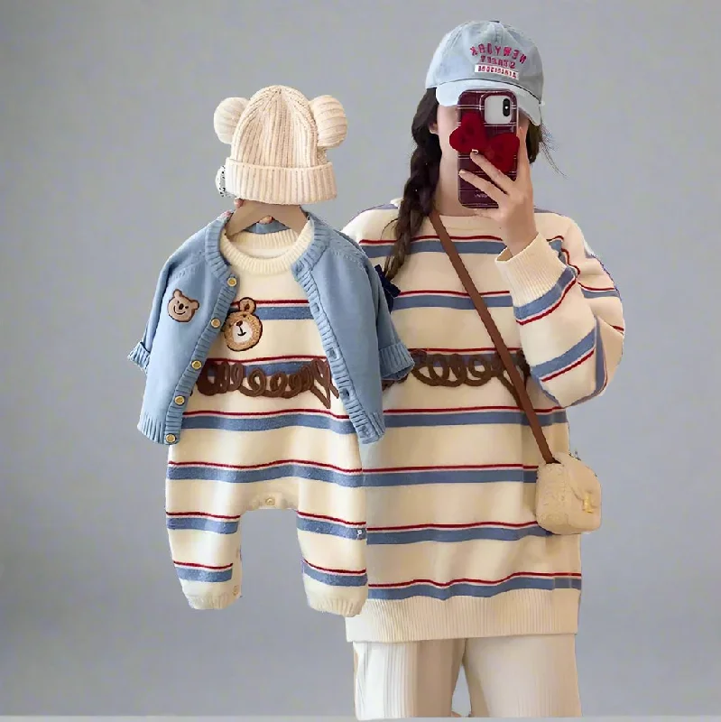 Matching Mommy and Me Bear Striped Knit Sweaters  Cozy Family Outfit with Embroidered Bear Design Slim Fit Regular Fit Oversized