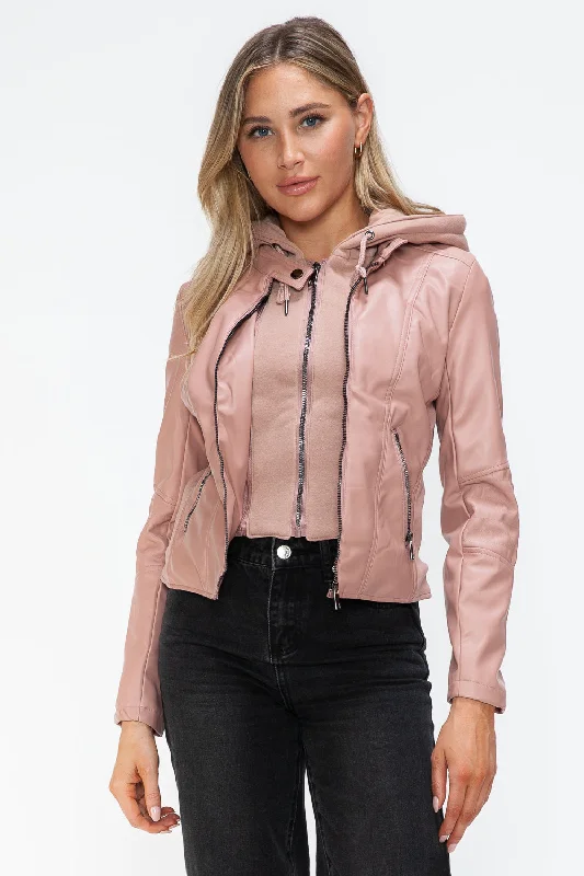 Hazel Blues® |  Snobbish Faux Leather Zip Up Drawstring Hooded Jacket Faux Fur Jacket Real Fur Jacket Shearling Jacket