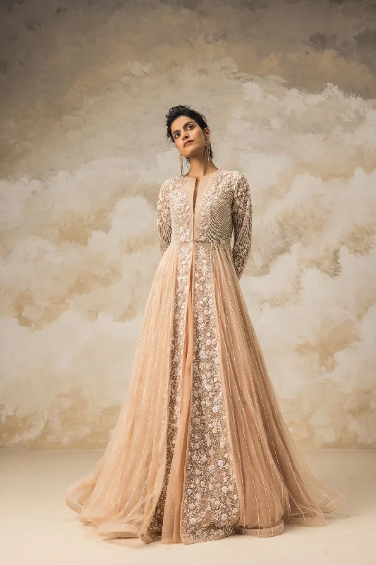 Peach Long Gathered Front Open Jacket Set Tailored Jacket Straight Jacket A-Line Jacket