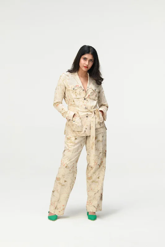 Rainforest Safari Jacket Ivory Cotton Silk Check Hooded Jacket Caped Jacket Shawl Collar Jacket