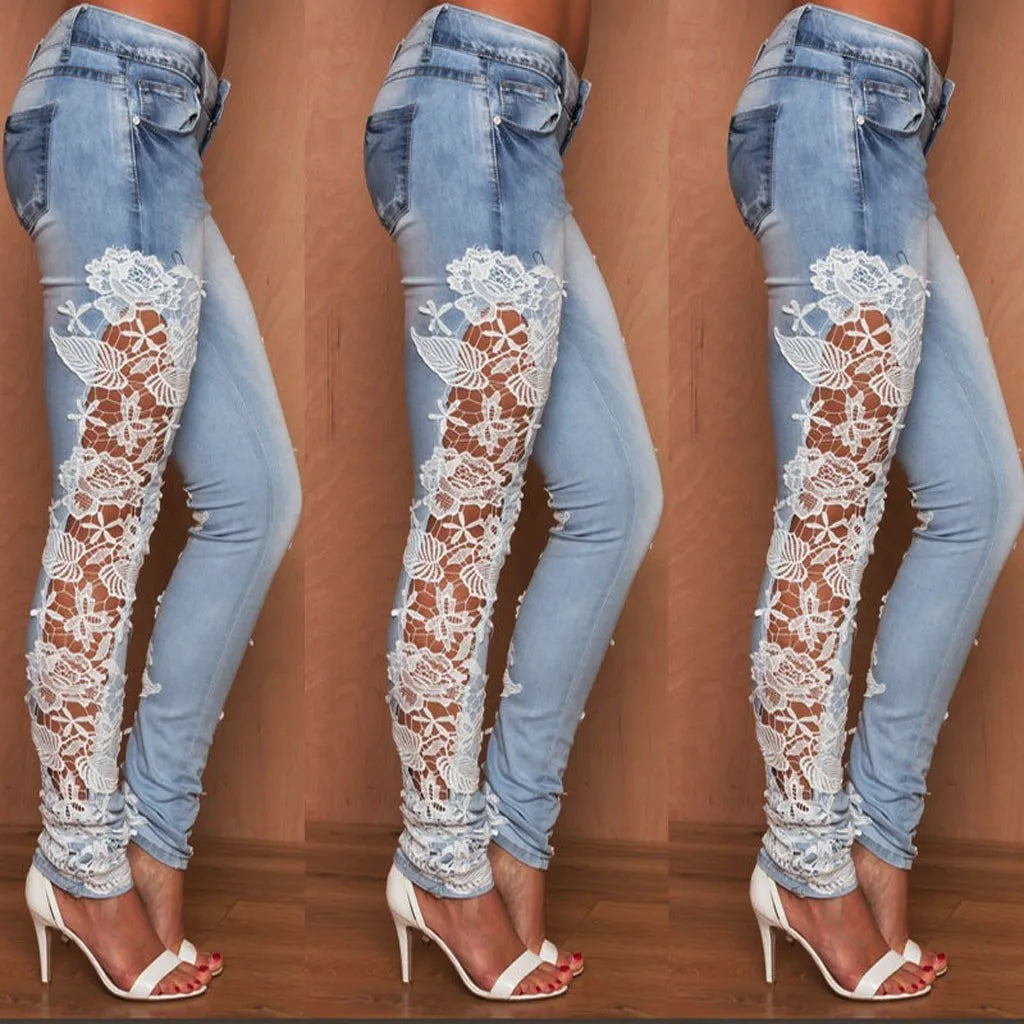 Mid Waisted Stretch Flare Jeans Hollow Out Lace Appliques Fashion Jeans Floral Women Pencil Denim Trousers Trousers Versatile Stylish
