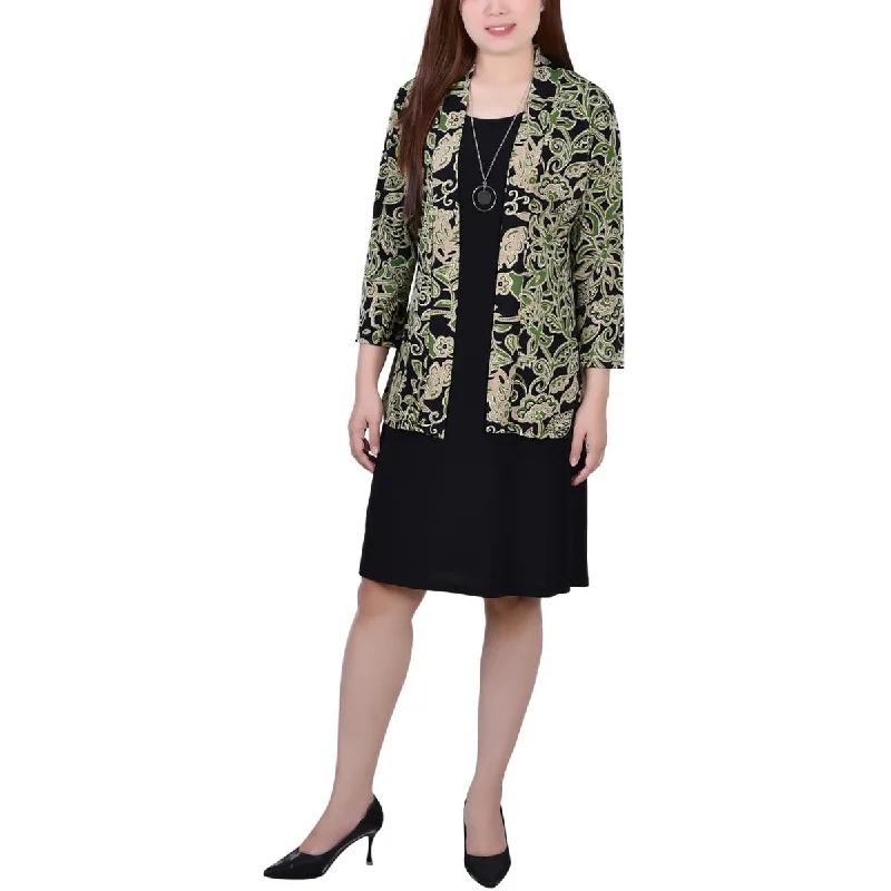 NY Collection Womens Petites Knit Printed Open-Front Blazer Silk Women's Blazer