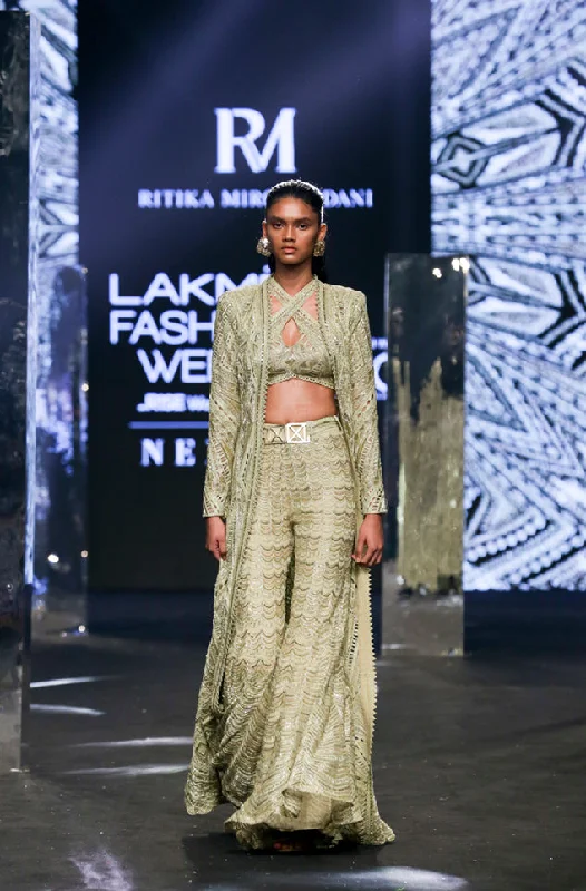 Olga Olive Sharara Set With Jacket Print Jacket Jacquard Jacket Embroidered Jacket