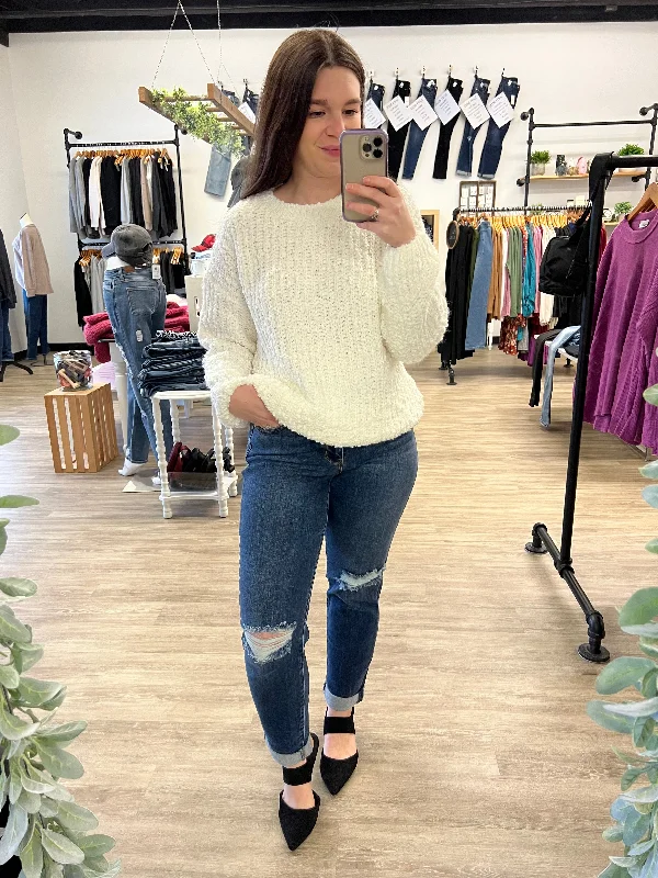 Brushed Round Neck Sweater in Off White Neon Metallic Matte