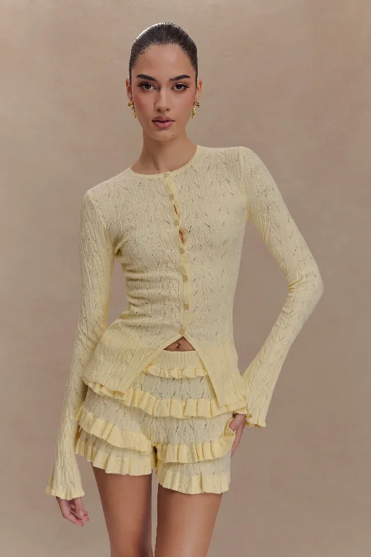 Amy Pointelle Bell Sleeve Cardigan - Lemon Rayon Fabric Velvet Fabric Corduroy Fabric