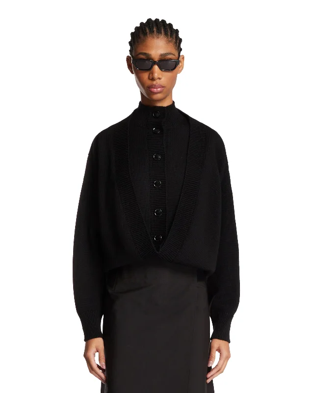 Cardigan Ripiegabile Nero Satin Blend Silk Blend Wool Blend