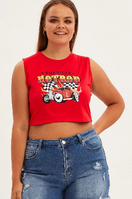 Red Sleeveless Hot Rod Tank Top beige tank top