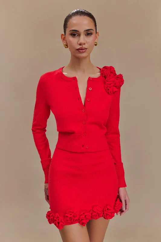 Gianna Knit Cardigan With Flowers - Red Asymmetrical,ymmetric Pencil Cardigan