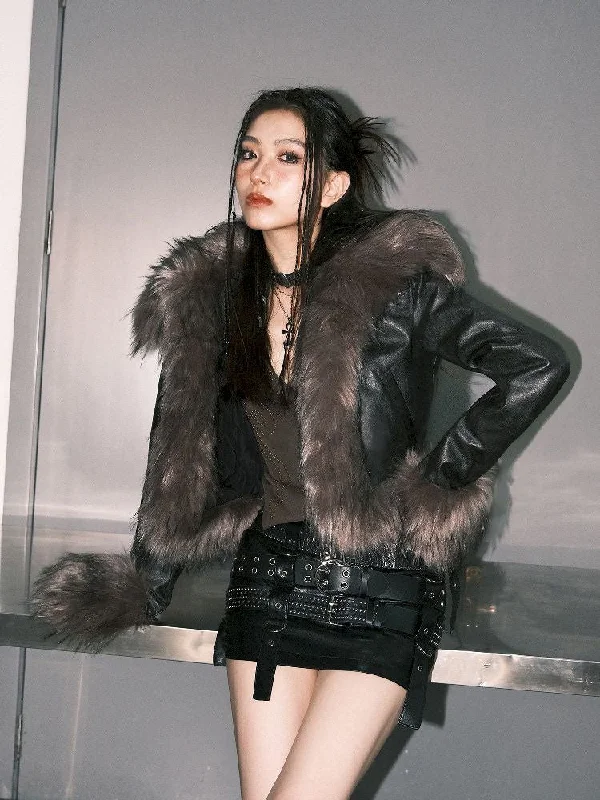 Faux raccoon fur collar do old thick coat【s0000004765】 Mesh Canvas Denim