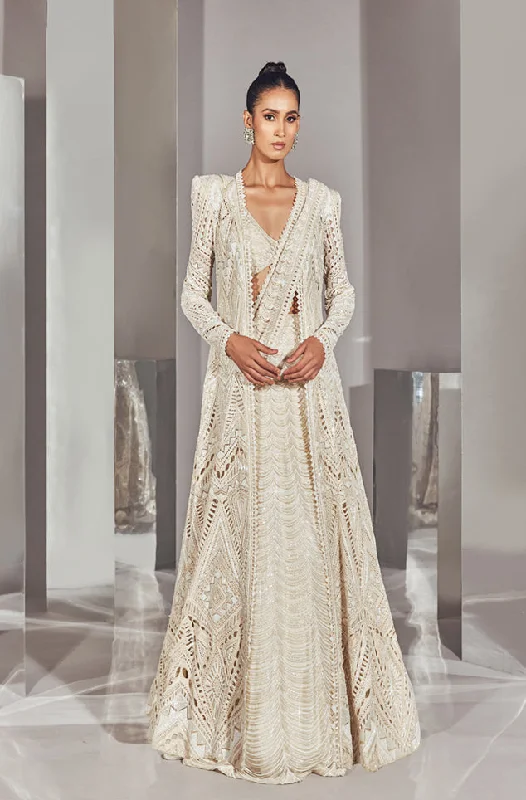 Fatima Ivory Lehenga Set With Jacket Chenille Jacket Brocade Jacket Lace Jacket
