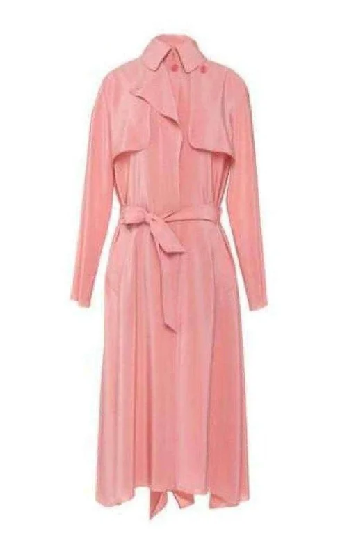 Pink Silk Georgette Trench Coat Down Puffer Quilted