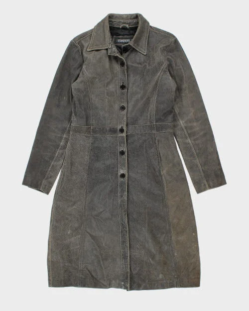 Vintage 90's Stonebridge Grey Leather Long Trench Coat - M Asymmetrical Collar Hooded Zippered