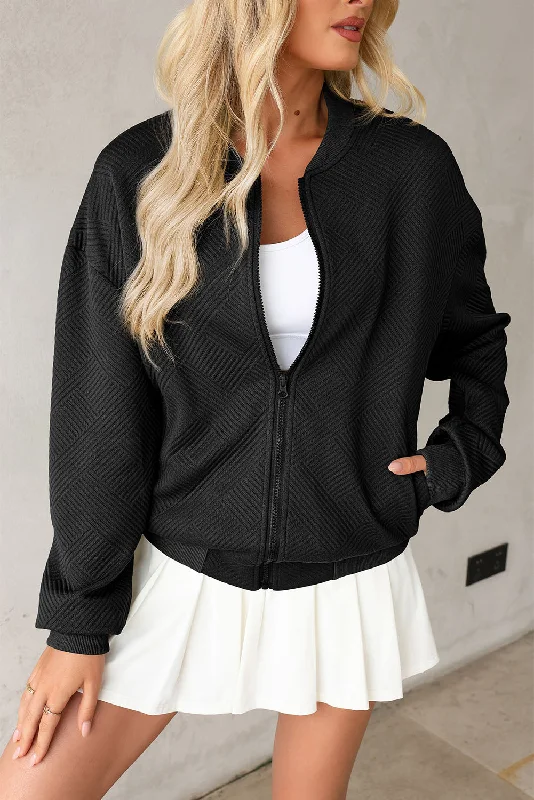 Hazel Blues® |  Texture Zip Up Baseball Collar Long Sleeve Jacket Chenille Jacket Brocade Jacket Lace Jacket