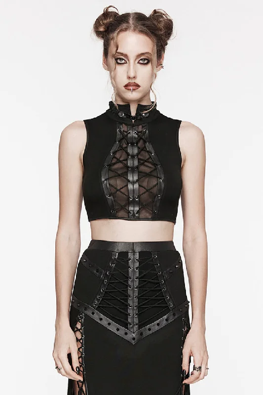 Black Stand Collar Sleeveless Stitching Lace-Up Ripped Women's Punk Tank Top sage tank top