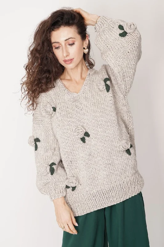 Rose Handmade Knit Sweater Dark Beige Chenille Fabric Brocade Fabric Lace Fabric